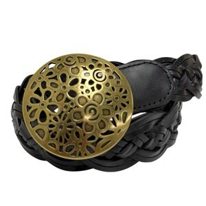 🌺 Lucky Brand Women's‎ Size S Woven Floral Buckle 100% Leather Black Belt NWT